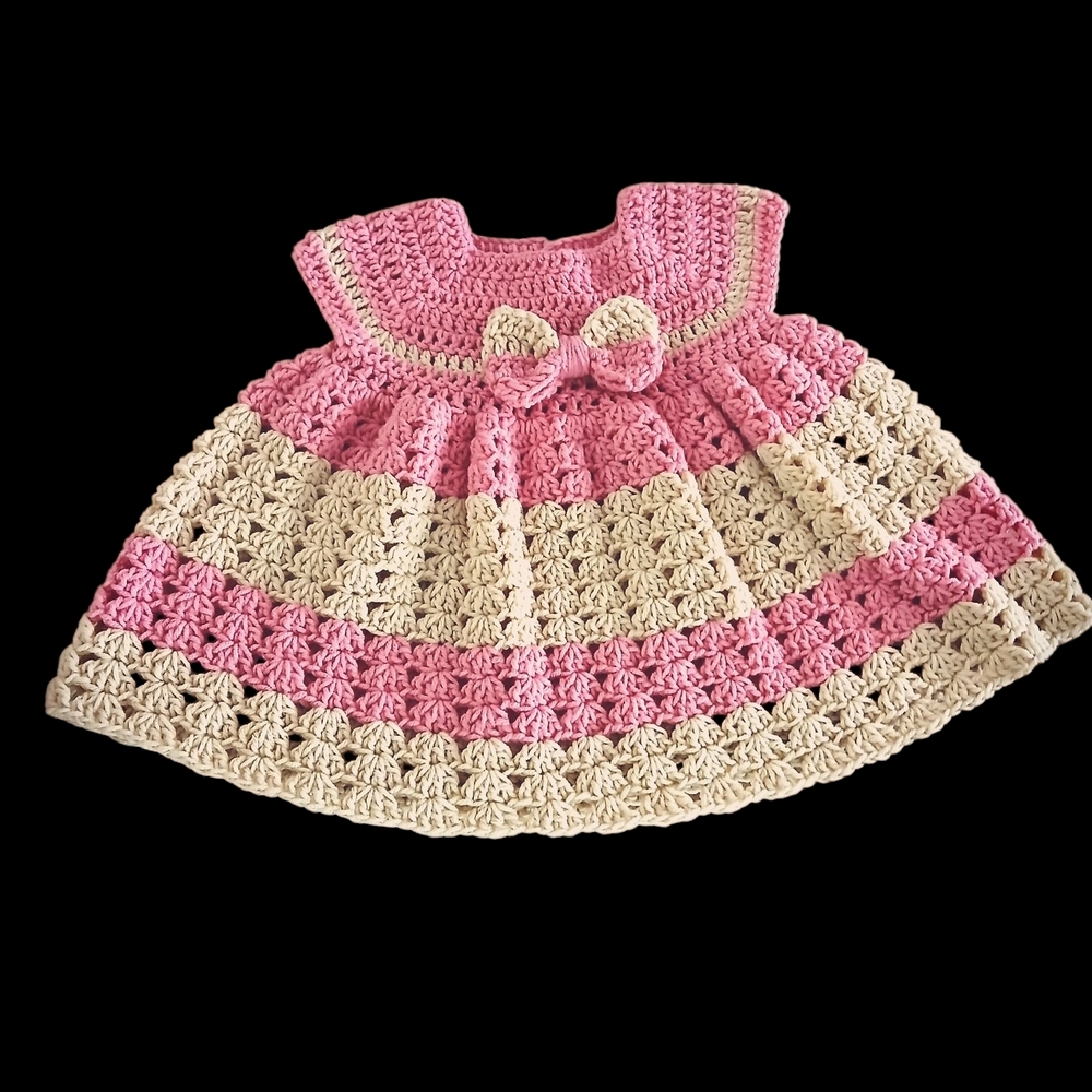 Handmade Baby Girls Pink and Biege Bow Dress